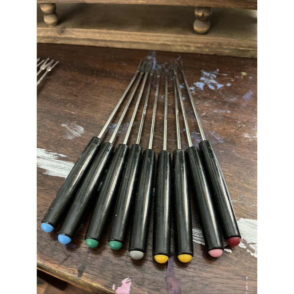 Set of 9 Fondue Forks Color Coded Black Plastic Handle Vintage 9.5" Long Variety